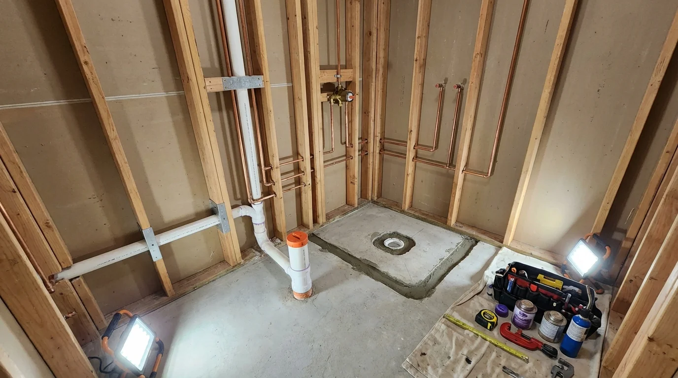 Bathroom rough-in plumbing during remodel by Johns Plumbing LLC in Holderness