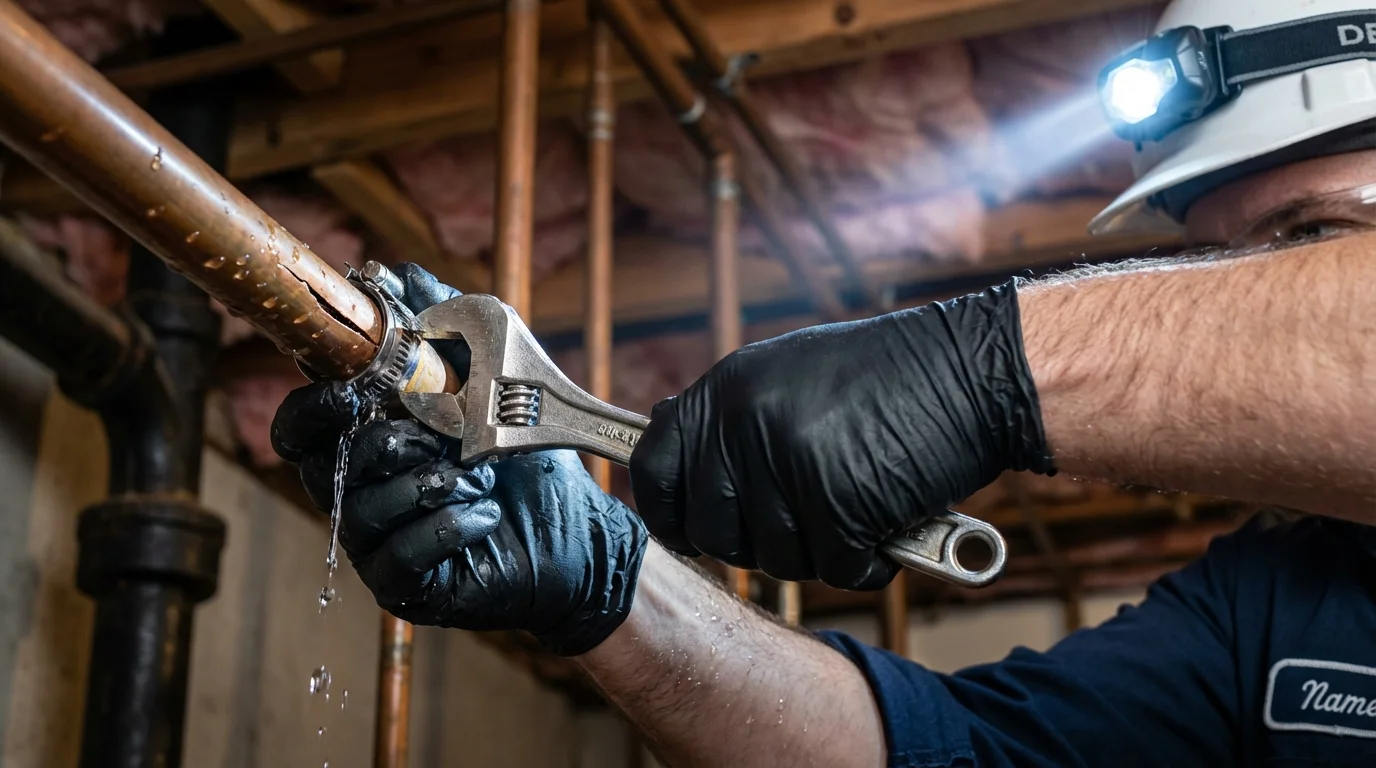 Emergency pipe clamp repair being performed by a Johns Plumbing LLC plumber in Holderness