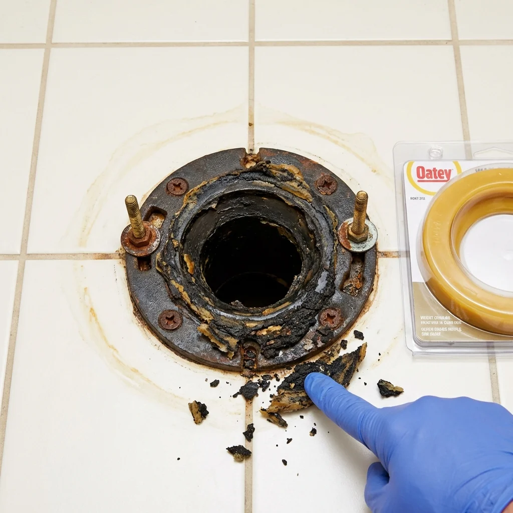 Failed wax ring showing water seepage at the base of a toilet in a Holderness, NH home